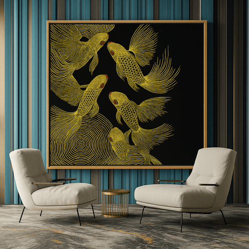 Canvas Print : Golden Drift - Koi Fish Gold Canvas Art by Chiara Rosetti modern abstract canvas wall art by Rossetti Art – luxury interior design artwork for living room, bedroom, office – Contemporary Art for Sale contemporary art piece Contemporary art print