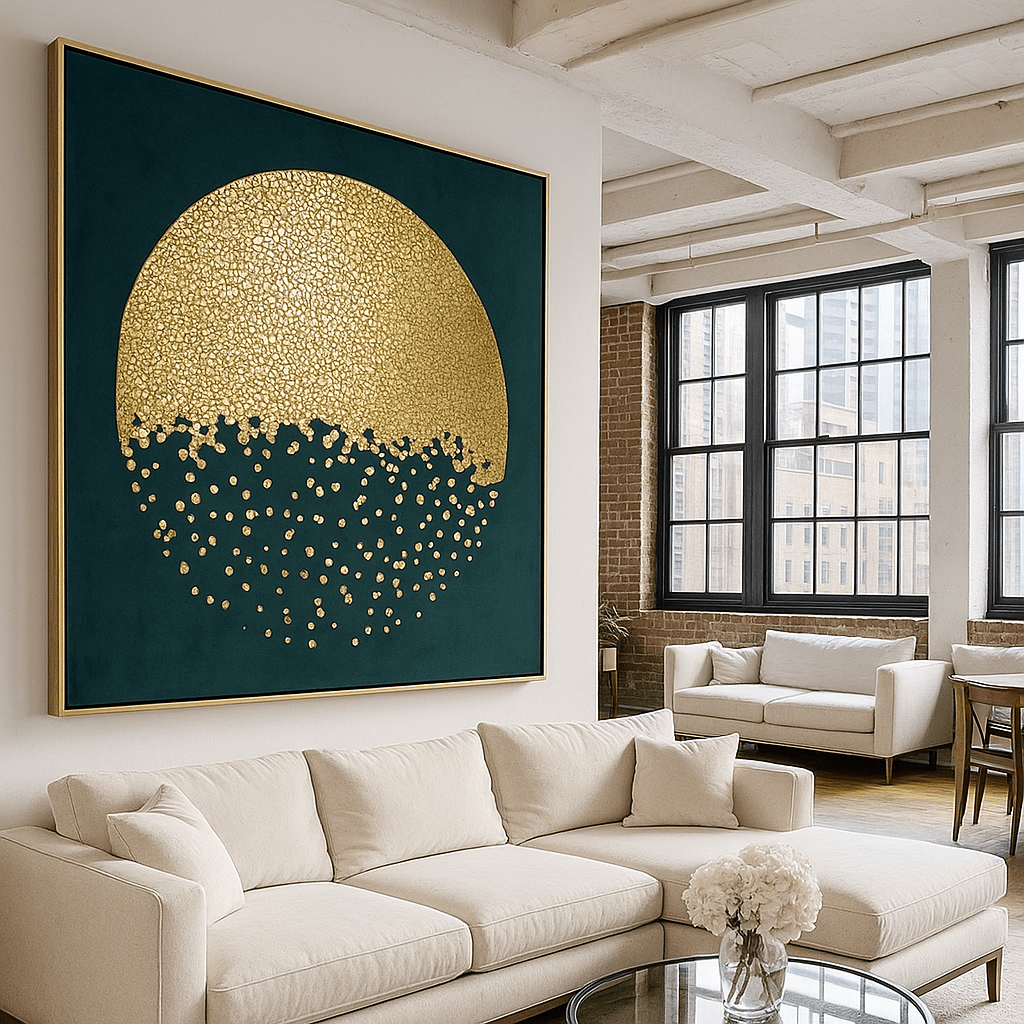 Canvas Print: Golden Eclipse – Modern Abstract Gold Circle Canvas Print | Luxury Minimalist Wall Art by Rossetti Art modern abstract canvas wall art by Rossetti Art – luxury interior design artwork for living room, bedroom, office – abstractnew canvas print art Chiara Rossetti