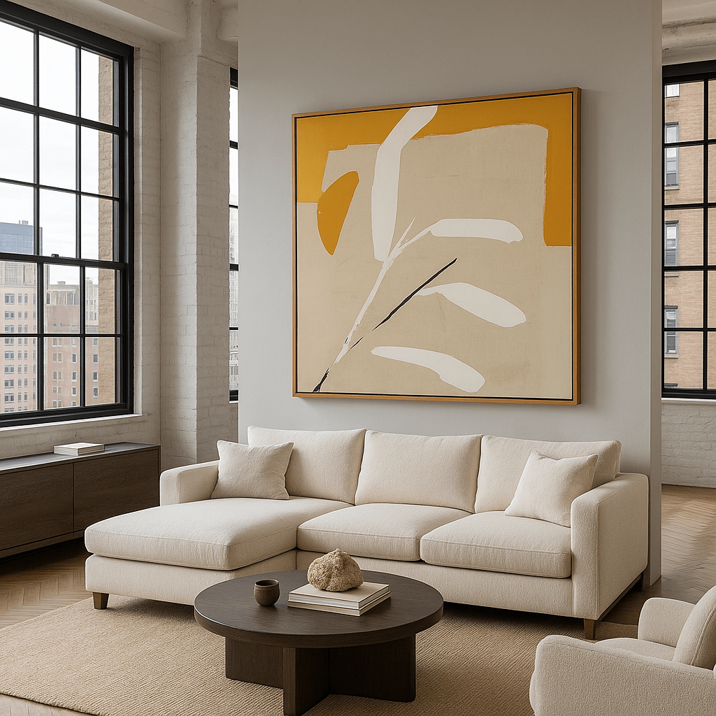 Canvas Print : "Golden Leaf Whisper" - Minimalist Botanical Art modern abstract canvas wall art by Rossetti Art – luxury interior design artwork for living room, bedroom, office – contemporary art piece Contemporary Canvas Art Contemporary canvas print