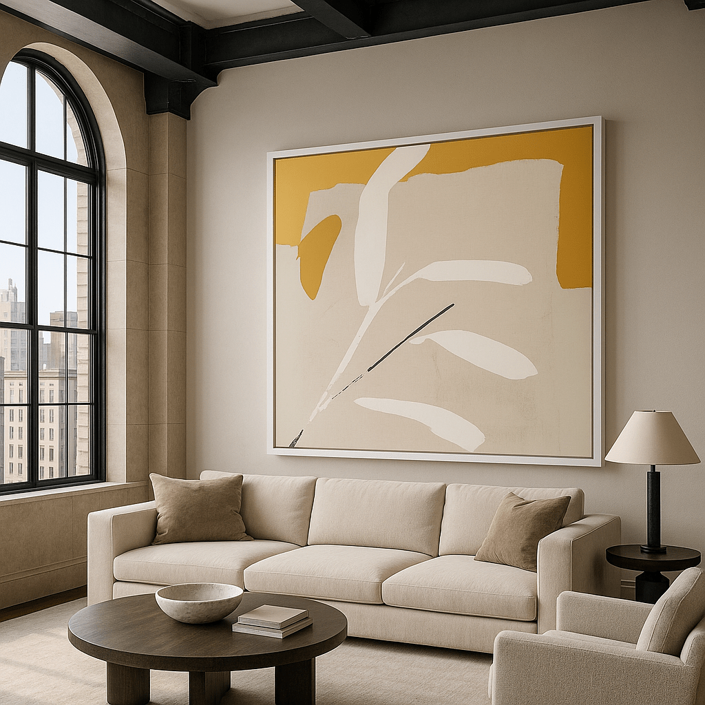 Canvas Print : "Golden Leaf Whisper" - Minimalist Botanical Art modern abstract canvas wall art by Rossetti Art – luxury interior design artwork for living room, bedroom, office – contemporary art piece Contemporary Canvas Art Contemporary canvas print