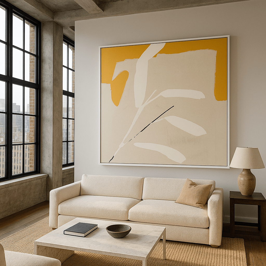 Canvas Print : "Golden Leaf Whisper" - Minimalist Botanical Art modern abstract canvas wall art by Rossetti Art – luxury interior design artwork for living room, bedroom, office – contemporary art piece Contemporary Canvas Art Contemporary canvas print