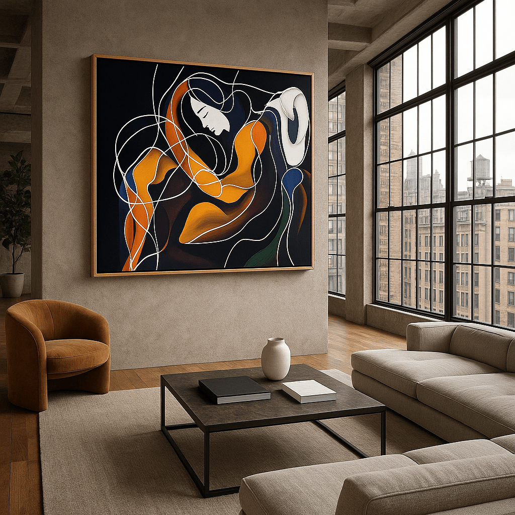 Canvas Print: Golden Muse in Motion - Abstract Figurative Wall Art modern abstract canvas wall art by Rossetti Art – luxury interior design artwork for living room, bedroom, office – contemporary art piece Contemporary Canvas Art Contemporary canvas print