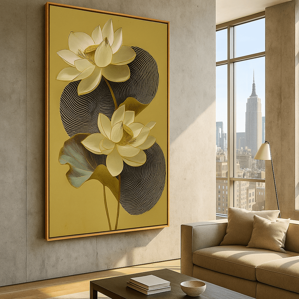 Canvas Print : Golden Serenity Lotus – Minimalist Botanical Wall Art Print modern abstract canvas wall art by Rossetti Art – luxury interior design artwork for living room, bedroom, office – large abstract art large canvas artwork large geometric wall art for living room