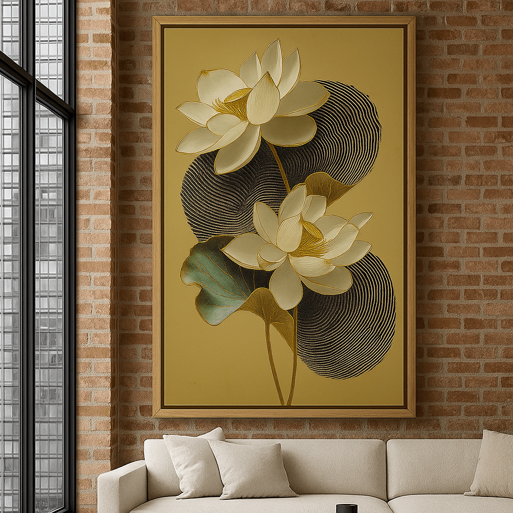 Canvas Print : Golden Serenity Lotus – Minimalist Botanical Wall Art Print modern abstract canvas wall art by Rossetti Art – luxury interior design artwork for living room, bedroom, office – large abstract art large canvas artwork large geometric wall art for living room