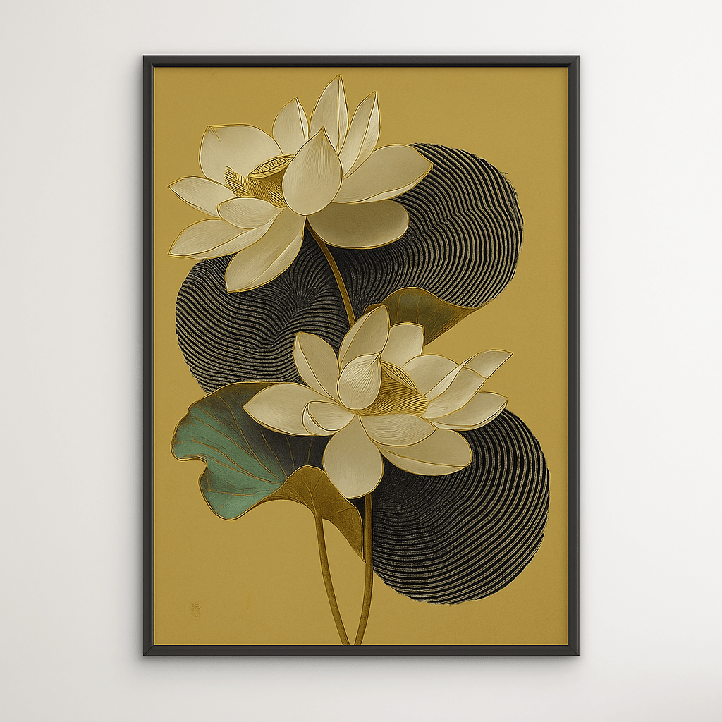 Canvas Print : Golden Serenity Lotus – Minimalist Botanical Wall Art Print modern abstract canvas wall art by Rossetti Art – luxury interior design artwork for living room, bedroom, office – large abstract art large canvas artwork large geometric wall art for living room