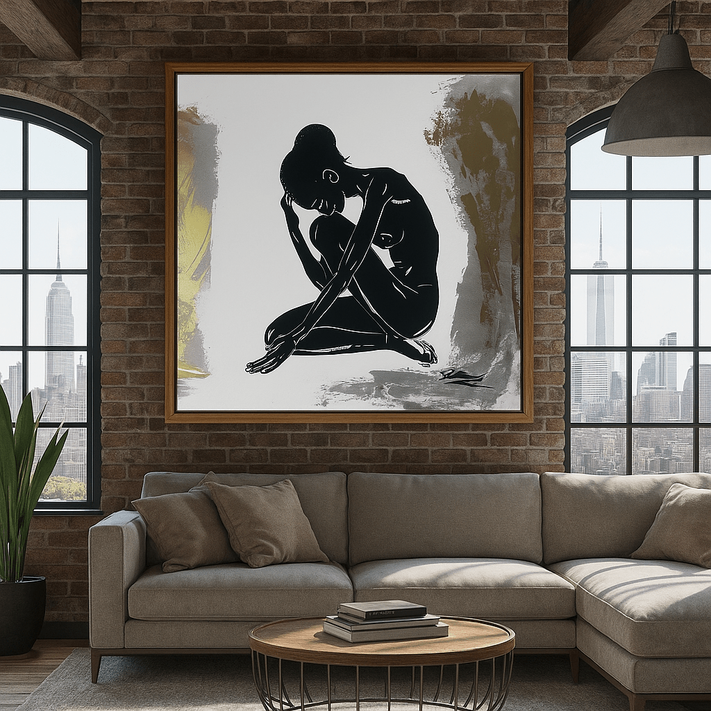 Canvas Print: Golden Solitude – Minimalist Figurative Canvas Print in Black, White & Gold modern abstract canvas wall art by Rossetti Art – luxury interior design artwork for living room, bedroom, office – canvas print art Chiara Rossetti figurative