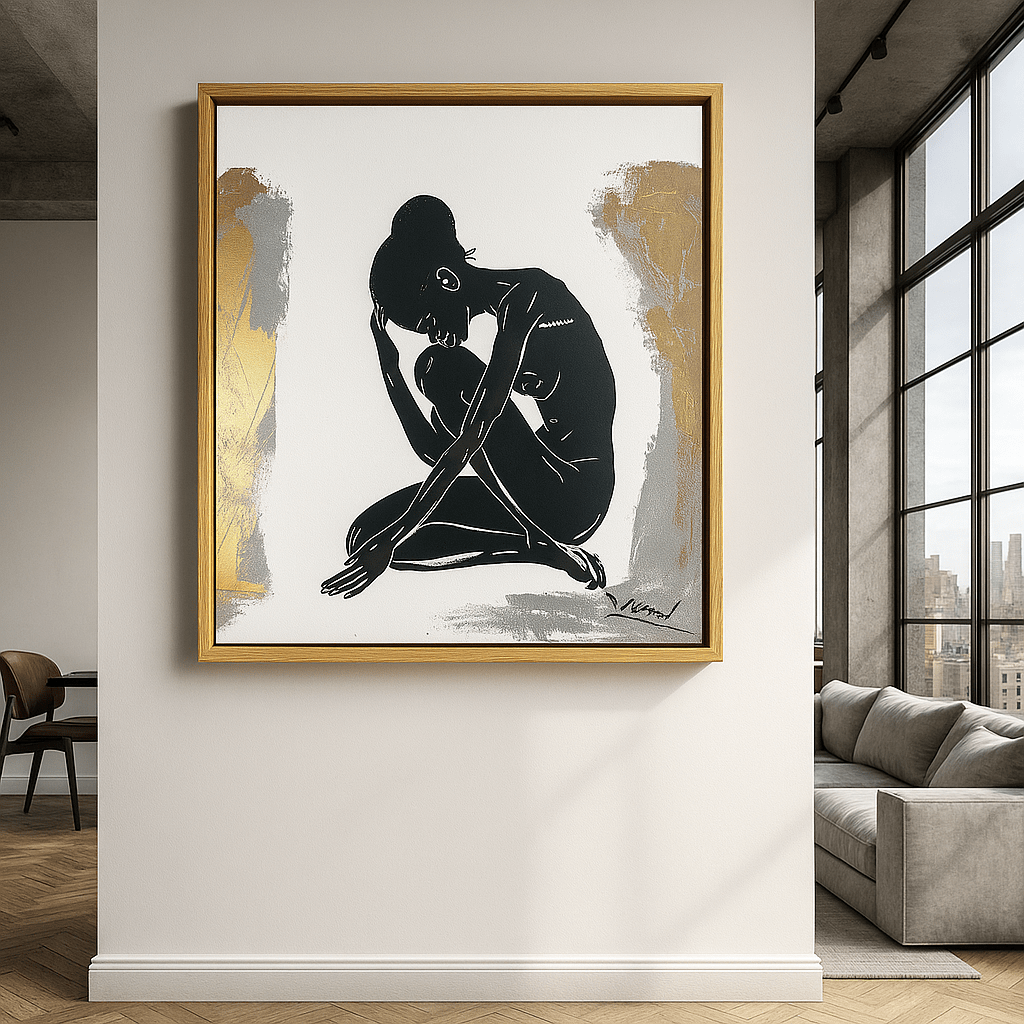 Canvas Print: Golden Solitude – Minimalist Figurative Canvas Print in Black, White & Gold modern abstract canvas wall art by Rossetti Art – luxury interior design artwork for living room, bedroom, office – canvas print art Chiara Rossetti figurative