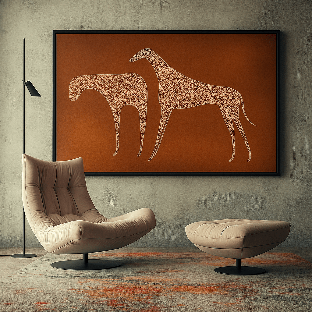 Canvas Print : Grace in Motion – Greyhound Silhouette Canvas modern abstract canvas wall art by Rossetti Art – luxury interior design artwork for living room, bedroom, office – animal silhouette print brown and white canvas art Contemporary Art for Sale