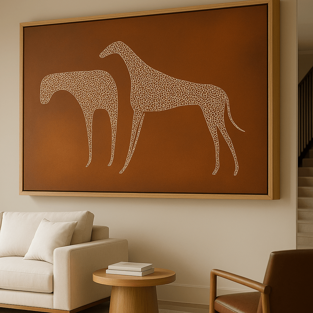 Canvas Print : Grace in Motion – Greyhound Silhouette Canvas modern abstract canvas wall art by Rossetti Art – luxury interior design artwork for living room, bedroom, office – animal silhouette print brown and white canvas art Contemporary Art for Sale