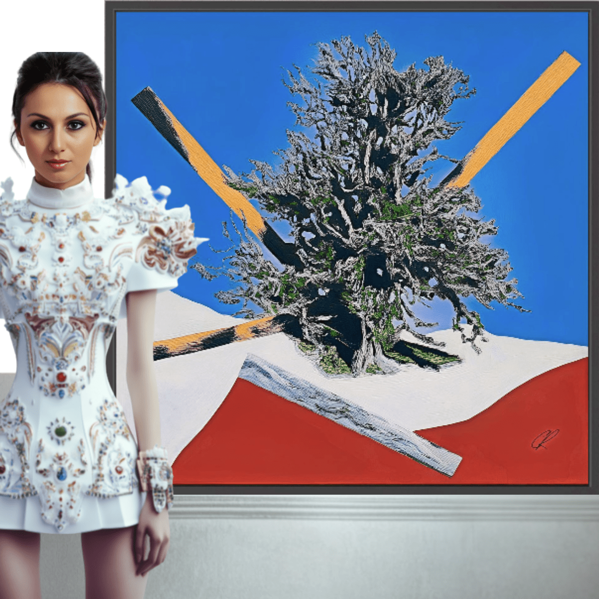 Canvas Print: Gravity Grove Shift – Surreal Tree Art modern abstract canvas wall art by Rossetti Art – luxury interior design artwork for living room, bedroom, office – Abstract Geometric Nature Art Blue Red Landscape Print Floating Tree Wall Decor