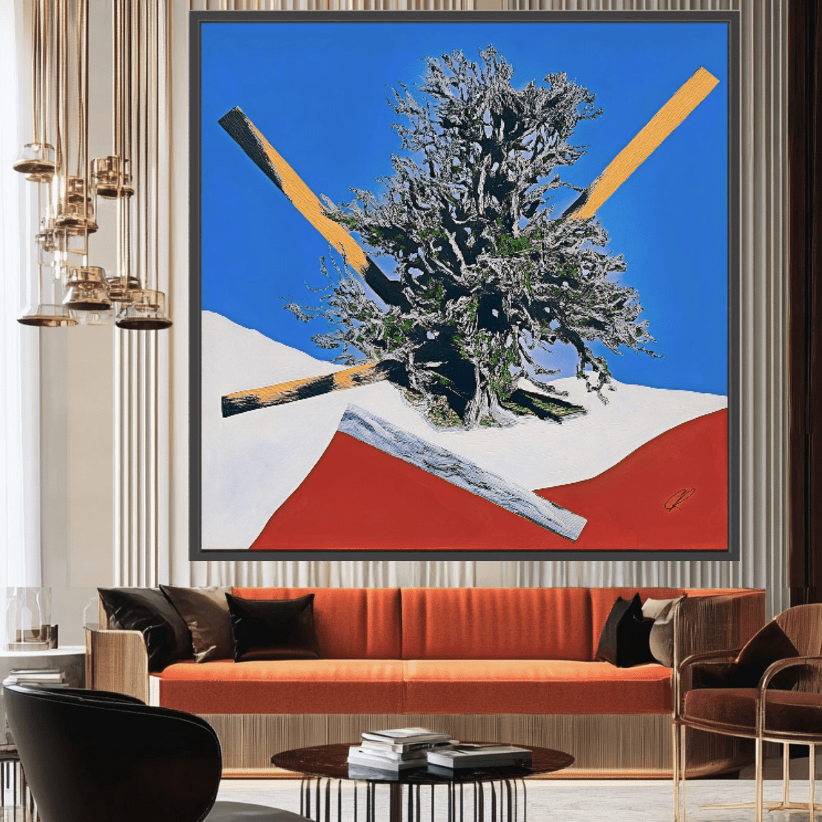 Canvas Print: Gravity Grove Shift – Surreal Tree Art modern abstract canvas wall art by Rossetti Art – luxury interior design artwork for living room, bedroom, office – Abstract Geometric Nature Art Blue Red Landscape Print Floating Tree Wall Decor