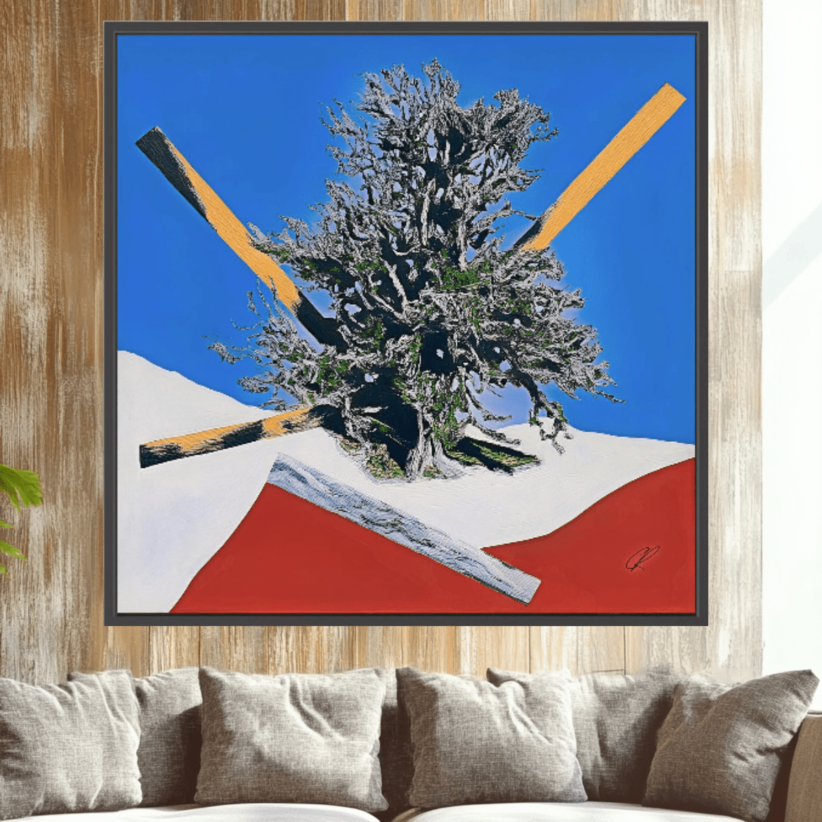 Canvas Print: Gravity Grove Shift – Surreal Tree Art modern abstract canvas wall art by Rossetti Art – luxury interior design artwork for living room, bedroom, office – Abstract Geometric Nature Art Blue Red Landscape Print Floating Tree Wall Decor