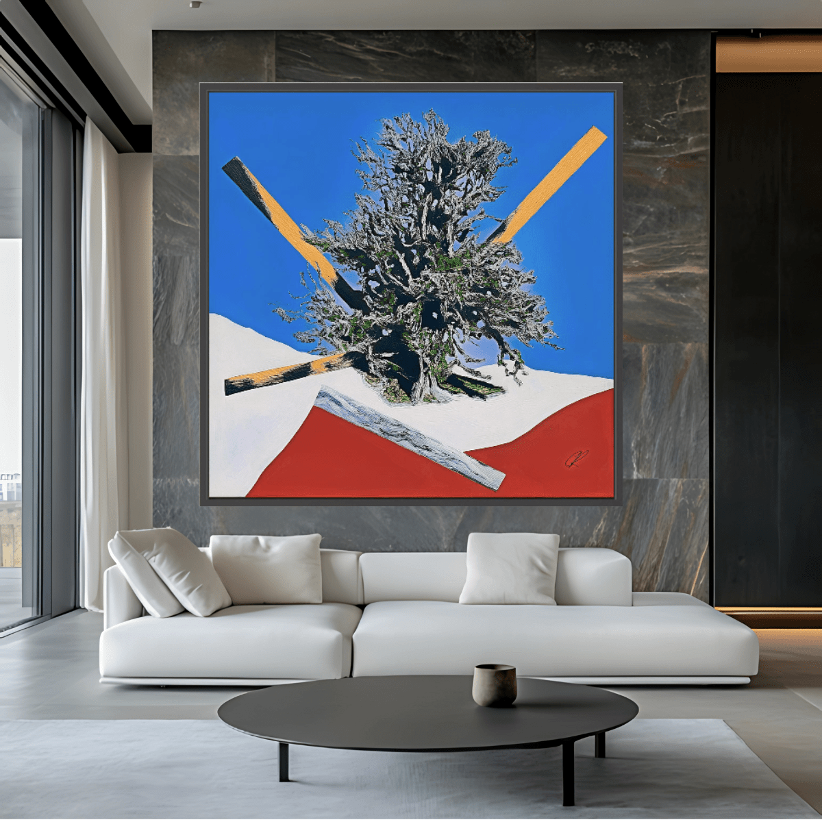 Canvas Print: Gravity Grove Shift – Surreal Tree Art modern abstract canvas wall art by Rossetti Art – luxury interior design artwork for living room, bedroom, office – Abstract Geometric Nature Art Blue Red Landscape Print Floating Tree Wall Decor