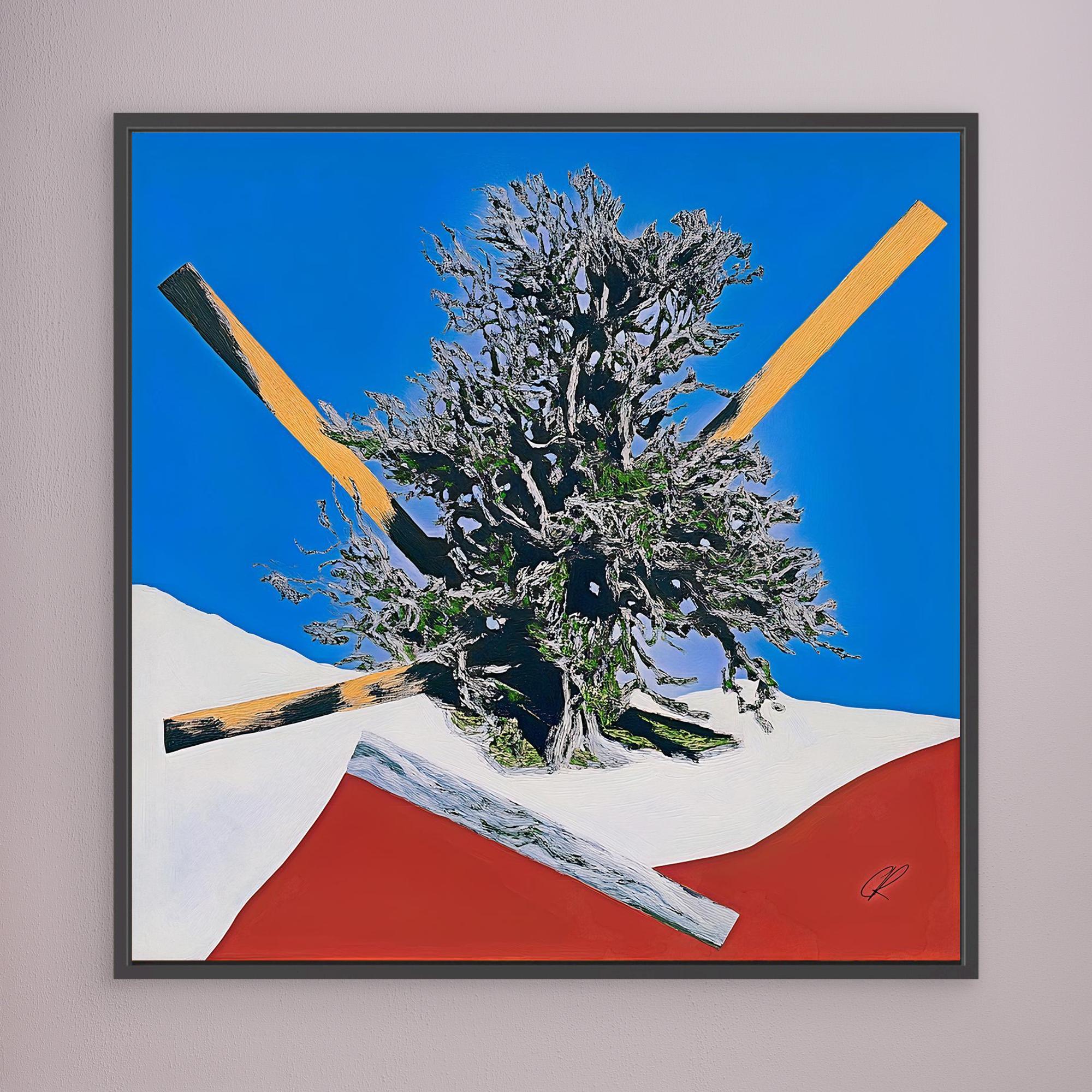 Canvas Print: Gravity Grove Shift – Surreal Tree Art modern abstract canvas wall art by Rossetti Art – luxury interior design artwork for living room, bedroom, office – Abstract Geometric Nature Art Blue Red Landscape Print Floating Tree Wall Decor