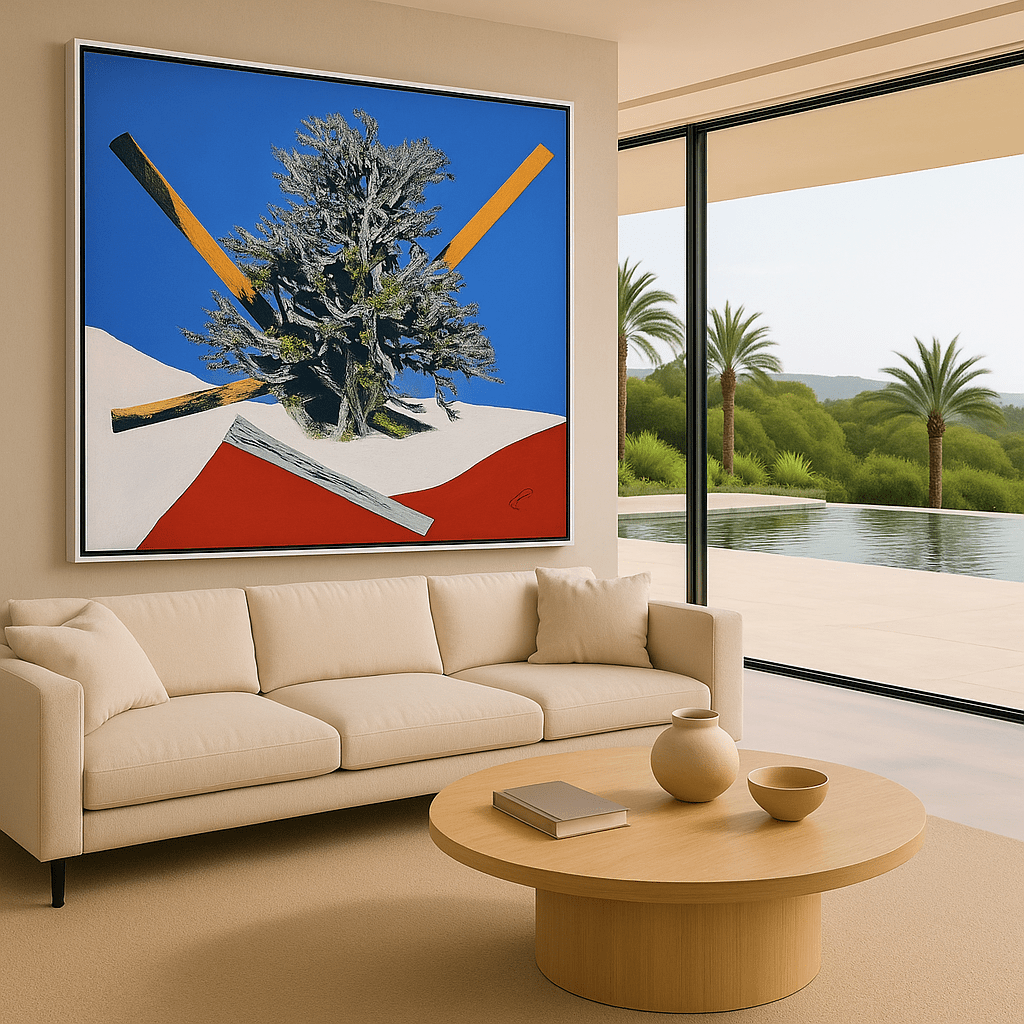 Canvas Print: Gravity Grove Shift – Surreal Tree Art modern abstract canvas wall art by Rossetti Art – luxury interior design artwork for living room, bedroom, office – Abstract Geometric Nature Art Blue Red Landscape Print Floating Tree Wall Decor