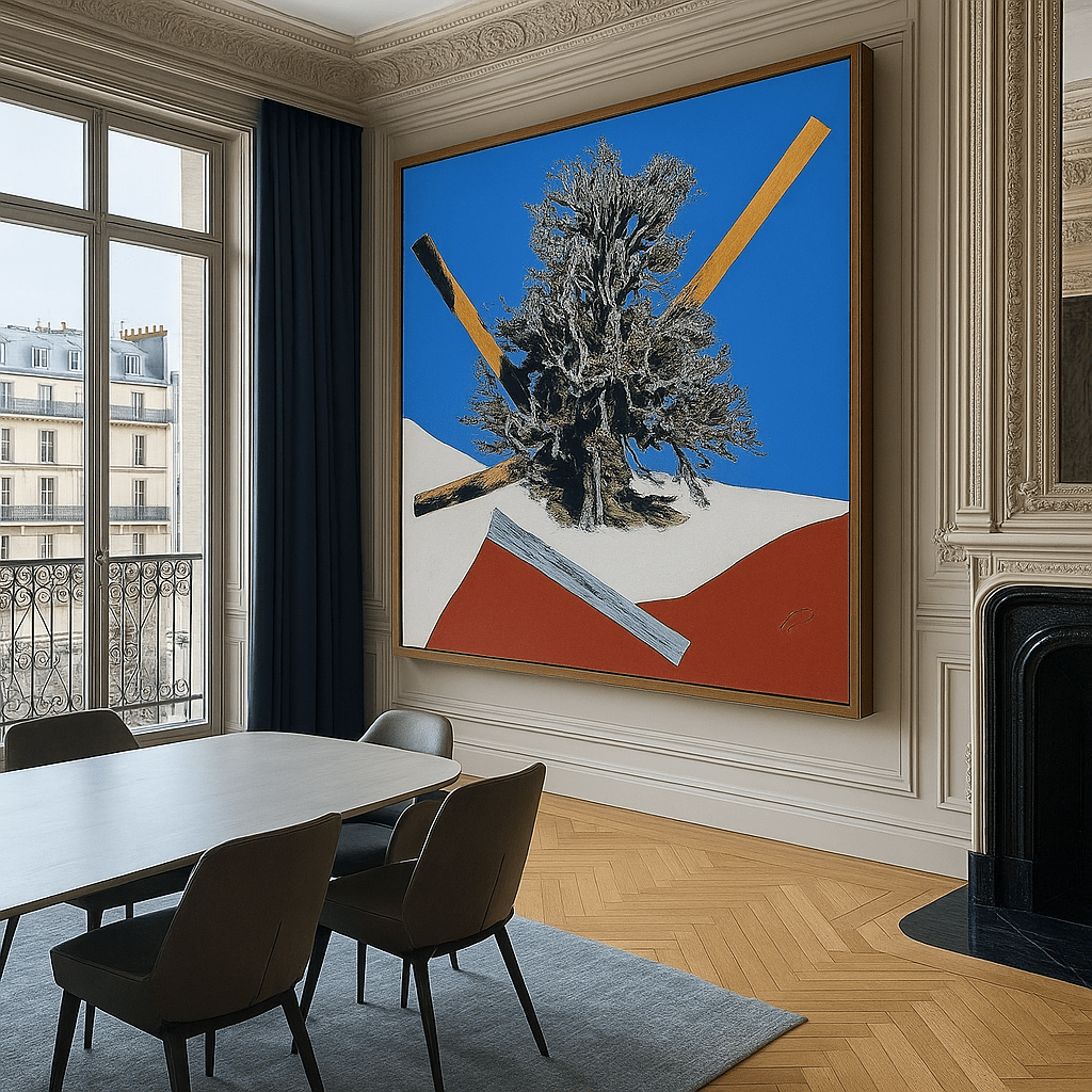 Canvas Print: Gravity Grove Shift – Surreal Tree Art modern abstract canvas wall art by Rossetti Art – luxury interior design artwork for living room, bedroom, office – Abstract Geometric Nature Art Blue Red Landscape Print Floating Tree Wall Decor