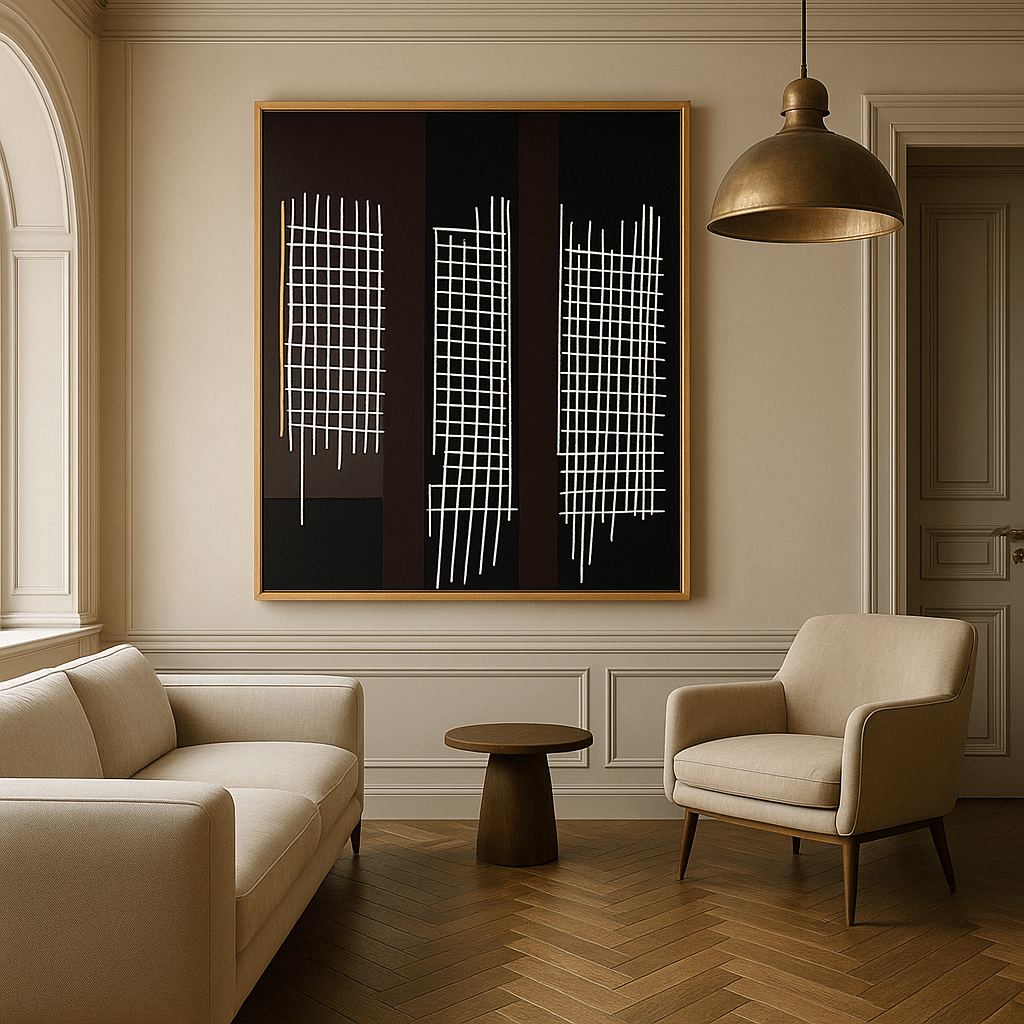 Canvas Print : Gridlocked – Geometric Line Canvas Wall Art modern abstract canvas wall art by Rossetti Art – luxury interior design artwork for living room, bedroom, office – black and beige wall art Black And White Art Black and white artwork