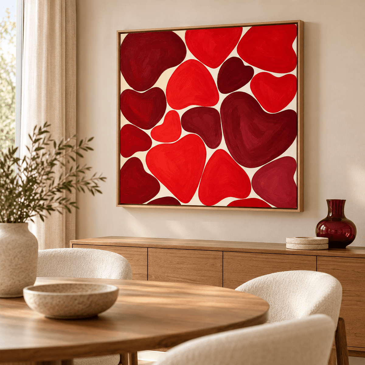 Heart Wall Art – Crimson Hearts canvas print above a modern sideboard by Rossetti Art