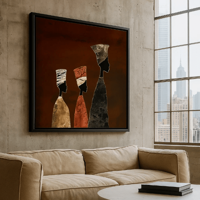 Canvas Print: Heritage Grace – Minimalist African Silhouette Canvas Print | Luxury Abstract Wall Art modern abstract canvas wall art by Rossetti Art – luxury interior design artwork for living room, bedroom, office – abstract wall art African silhouette canvas boho chic wall art