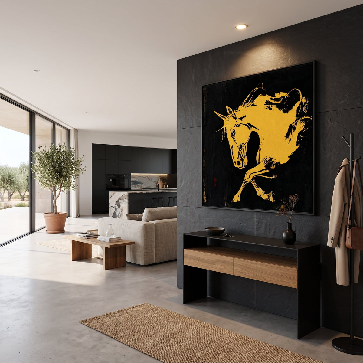 Horse Wall Art Large Canvas Print — Golden Charge modern abstract canvas wall art by Rossetti Art – luxury interior design artwork for living room, bedroom, office – animal Bedroom Canvas Prints best seller