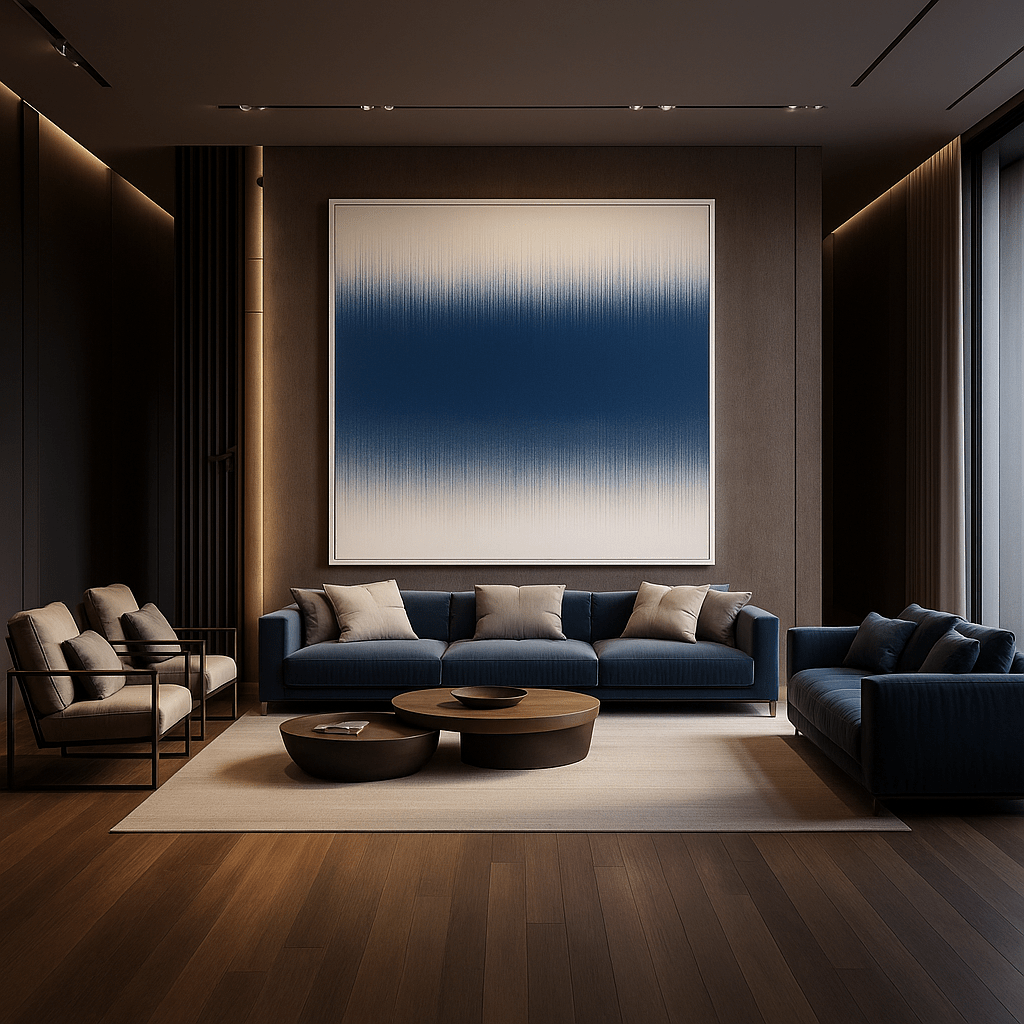 Canvas Print: Indigo Fade – Minimalist Gradient Wall Art in Blue & Cream modern abstract canvas wall art by Rossetti Art – luxury interior design artwork for living room, bedroom, office – Bold and Dynamic Artistic Home Accent Colorful Statement Wall Art Contemporary Grid Art