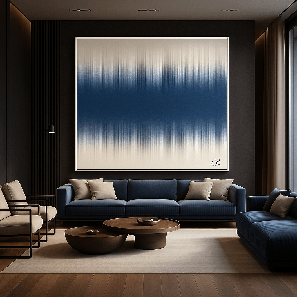 Canvas Print: Indigo Fade – Minimalist Gradient Wall Art in Blue & Cream modern abstract canvas wall art by Rossetti Art – luxury interior design artwork for living room, bedroom, office – Bold and Dynamic Artistic Home Accent Colorful Statement Wall Art Contemporary Grid Art