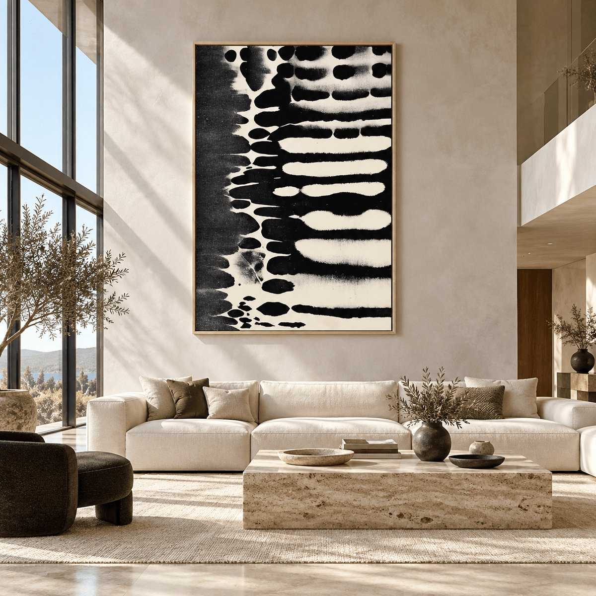 Ink Wash Painting Canvas Print – Ink Rhythm above a cream sofa in a living room by Rossetti Art