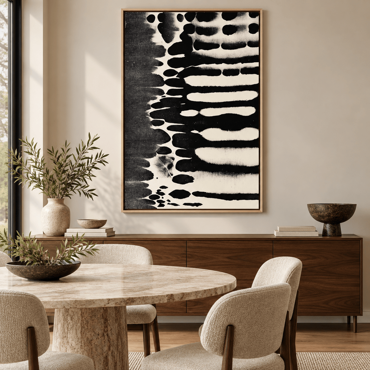 Ink Wash Painting Canvas Print – Ink Rhythm above a dining room sideboard by Rossetti Art