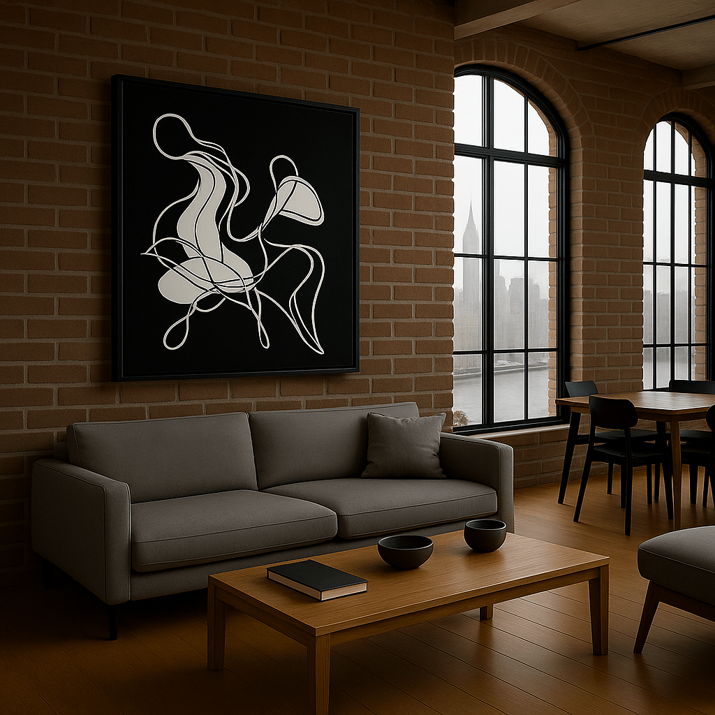 Canvas Print: “Intertwined Echoes” – Minimalist Abstract Line Art modern abstract canvas wall art by Rossetti Art – luxury interior design artwork for living room, bedroom, office – Black And White Art Black and white artwork black and white canvas