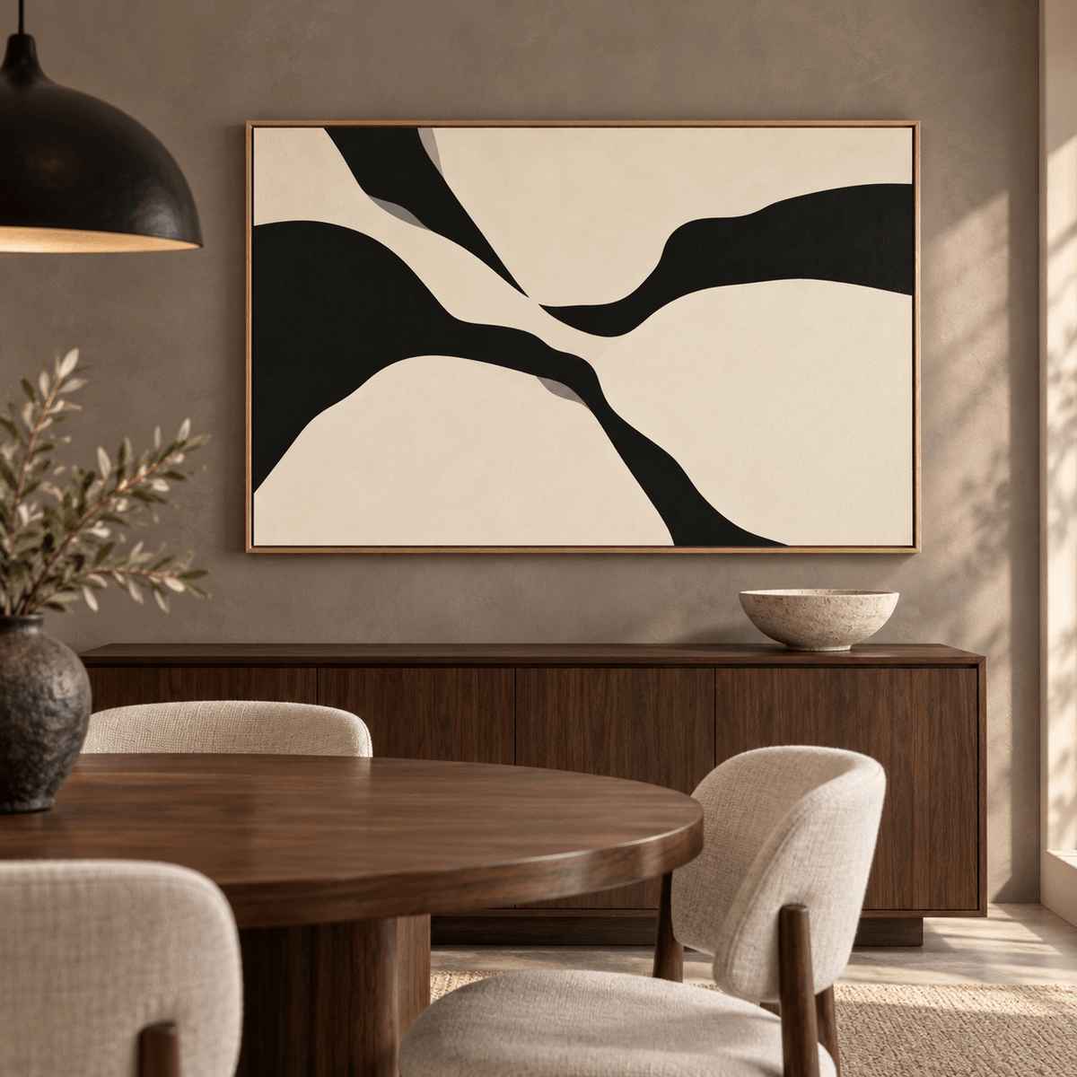 Ivory Wall Art – Ink Crossing by Rossetti Art over a walnut sideboard in a dining room