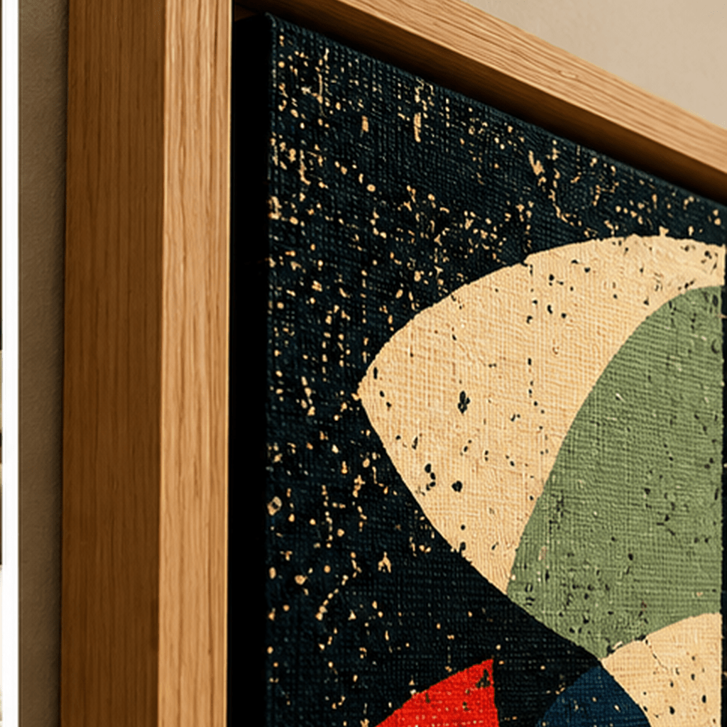 Close-up of mid-century abstract pinwheel canvas texture and oak floating frame corner