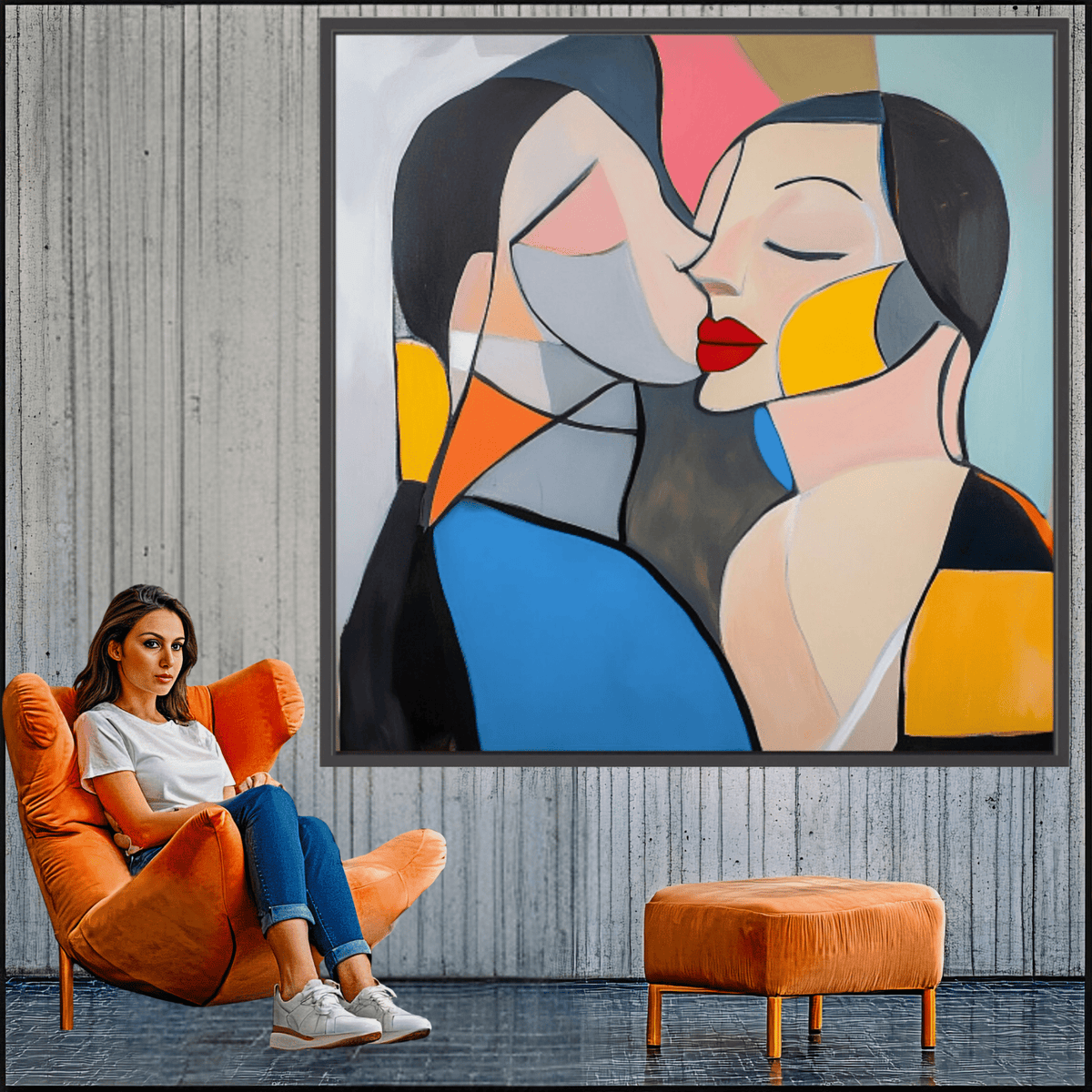 Canvas Print: Kiss of Color – Abstract Lovers Wall Art modern abstract canvas wall art by Rossetti Art – luxury interior design artwork for living room, bedroom, office – Abstract Lovers Art Colorful Love Art Couple Canvas Art
