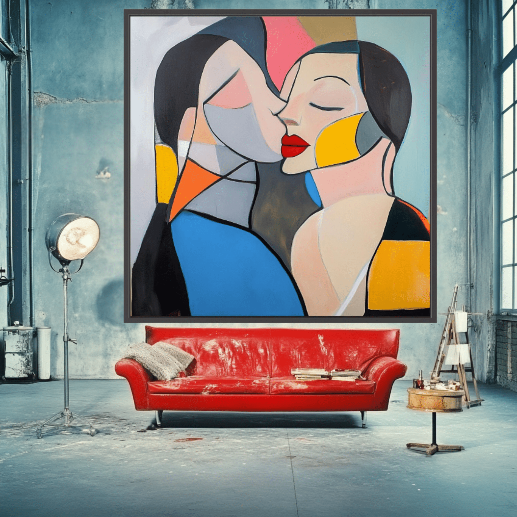Canvas Print: Kiss of Color – Abstract Lovers Wall Art modern abstract canvas wall art by Rossetti Art – luxury interior design artwork for living room, bedroom, office – Abstract Lovers Art Colorful Love Art Couple Canvas Art