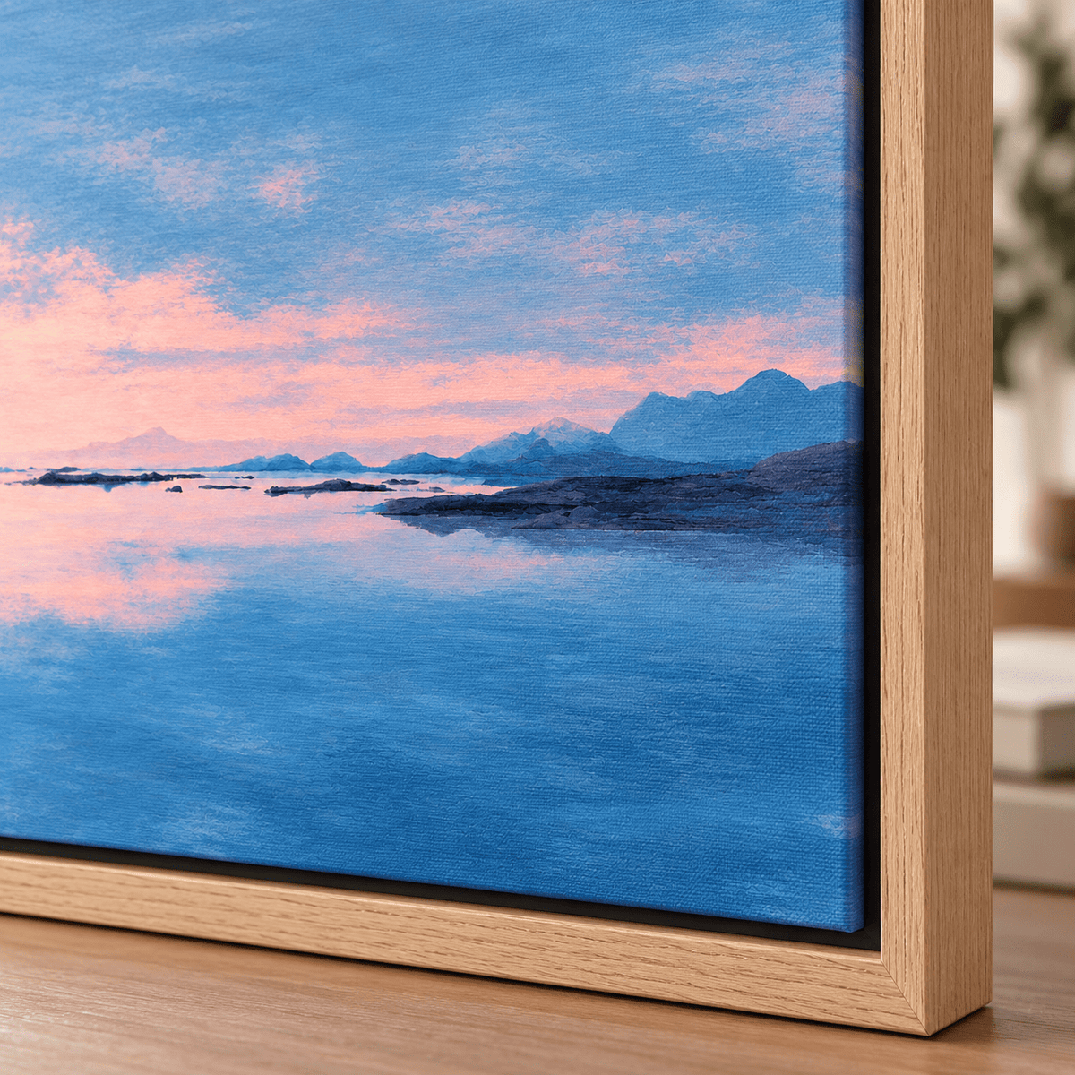 Close-up corner of the Blush Lagoon canvas print in a hardwood floater frame