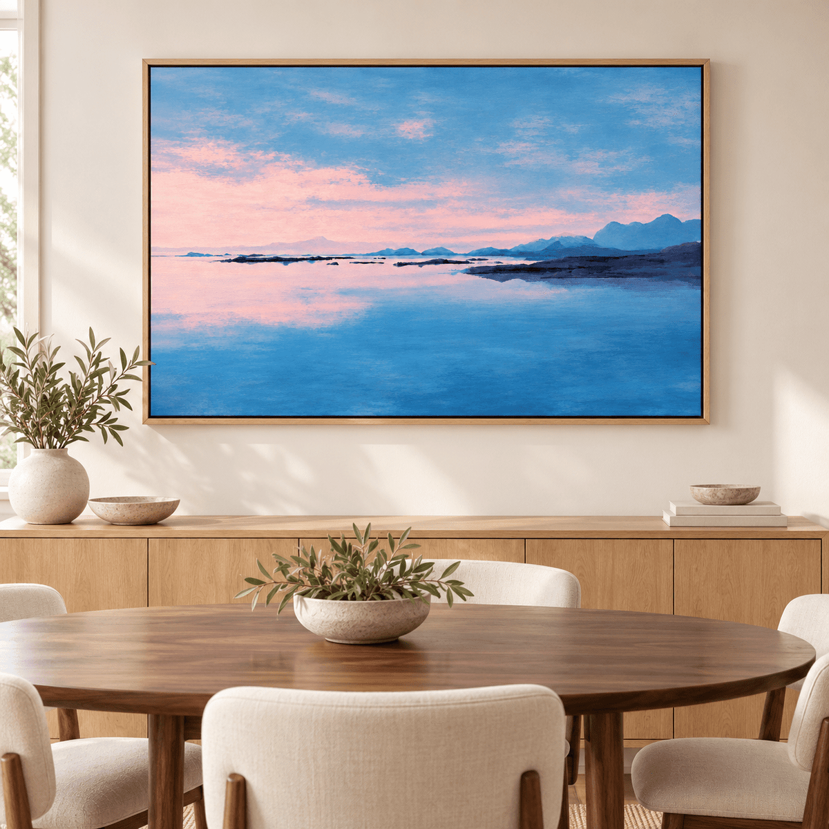 Blue and pink lake wall art Blush Lagoon above a wooden sideboard in a dining room