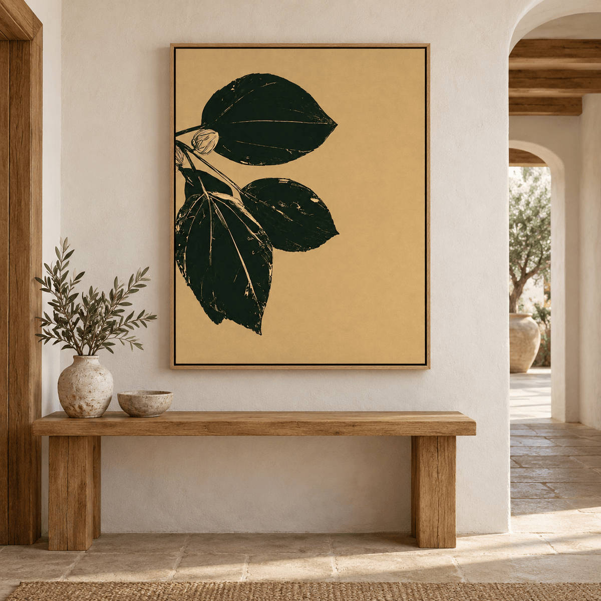 Leaf Wall Art Canvas Print – Gilded Foliage by Rossetti Art above a wooden console in an entryway