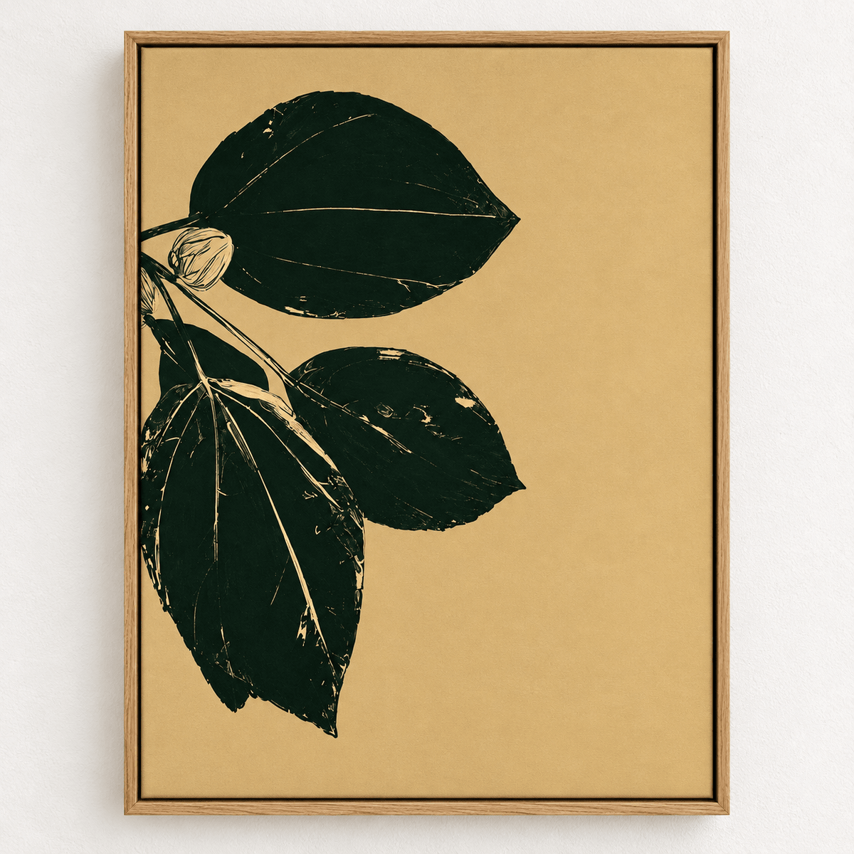 Leaf Wall Art Canvas Print – Gilded Foliage by Rossetti Art, dark green leaves and buds on a warm golden ochre ground, framed