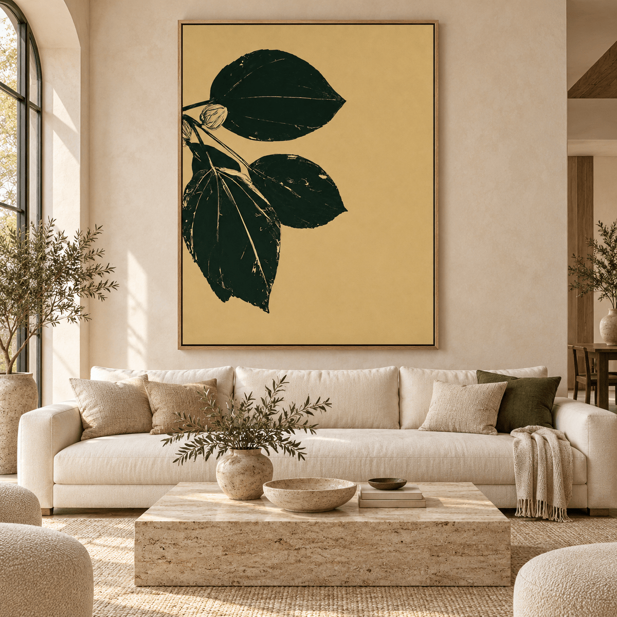 Leaf Wall Art Canvas Print – Gilded Foliage by Rossetti Art above a cream sofa in a bright living room