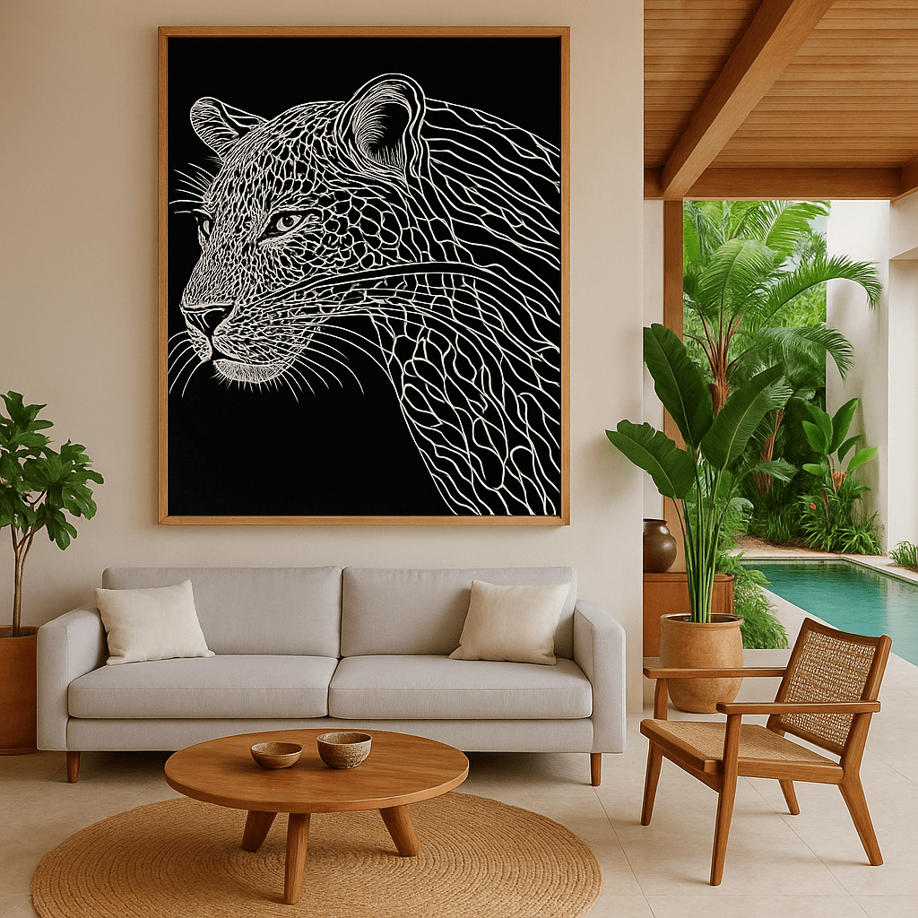 Canvas Print : "Leopard Portrait" - Leopard Line Art Print | Black & White Wildlife Art modern abstract canvas wall art by Rossetti Art – luxury interior design artwork for living room, bedroom, office – Contemporary Art for Sale contemporary art piece Contemporary art print