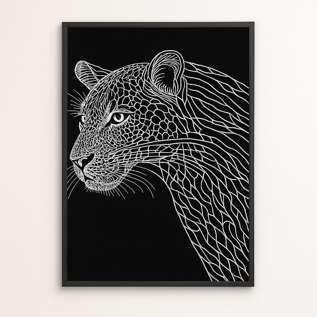 Canvas Print : "Leopard Portrait" - Leopard Line Art Print | Black & White Wildlife Art modern abstract canvas wall art by Rossetti Art – luxury interior design artwork for living room, bedroom, office – Contemporary Art for Sale contemporary art piece Contemporary art print