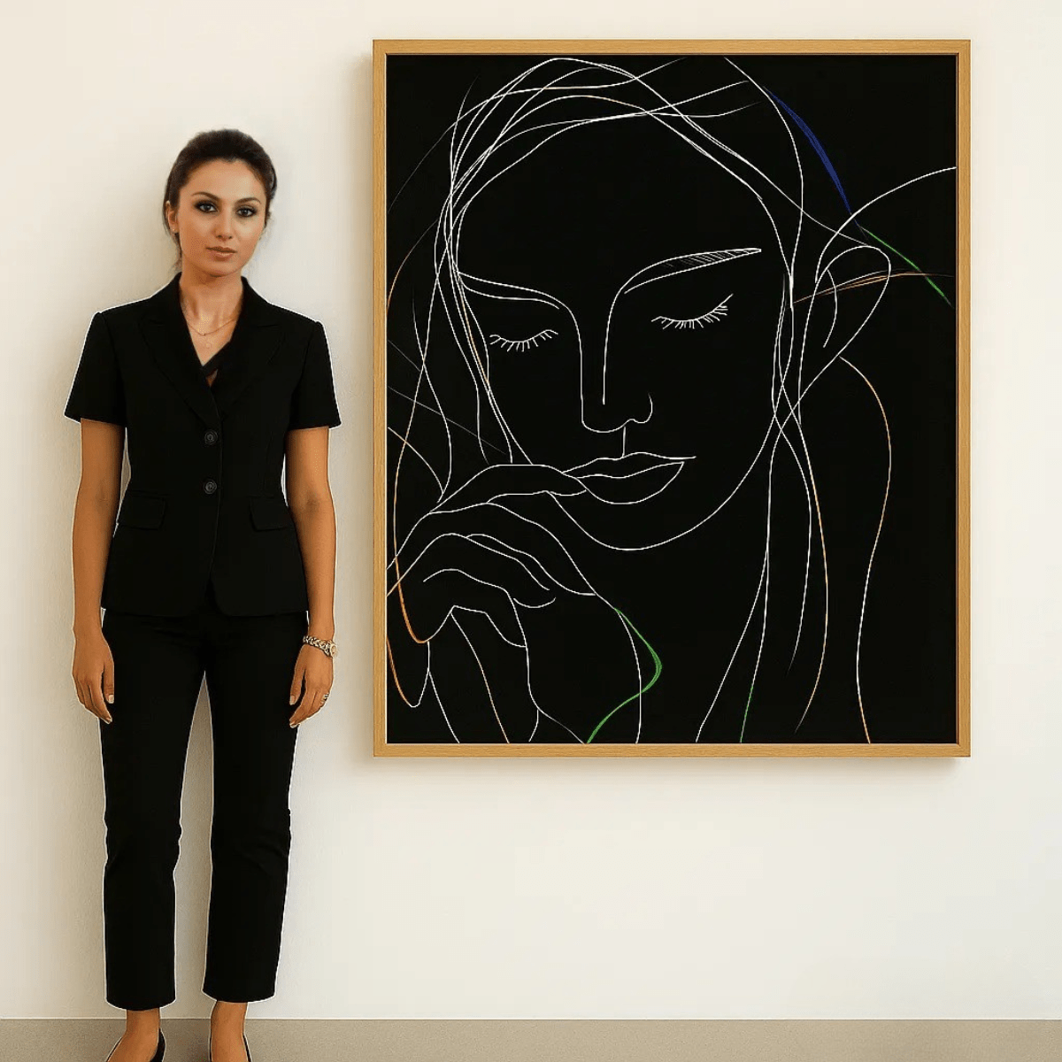 Canvas Print : Line of Serenity - Minimalist Line Art Woman – Modern Black Canvas Print Portrait modern abstract canvas wall art by Rossetti Art – luxury interior design artwork for living room, bedroom, office – Contemporary Art for Sale contemporary art piece Contemporary art print