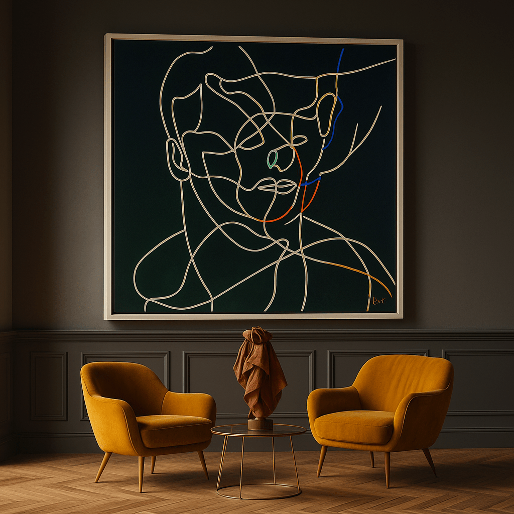 Canvas Print : Linear Harmony – Minimalist Abstract Line Art on Black Canvas modern abstract canvas wall art by Rossetti Art – luxury interior design artwork for living room, bedroom, office – contemporary wall painting modern art on canvas square abstract wall art