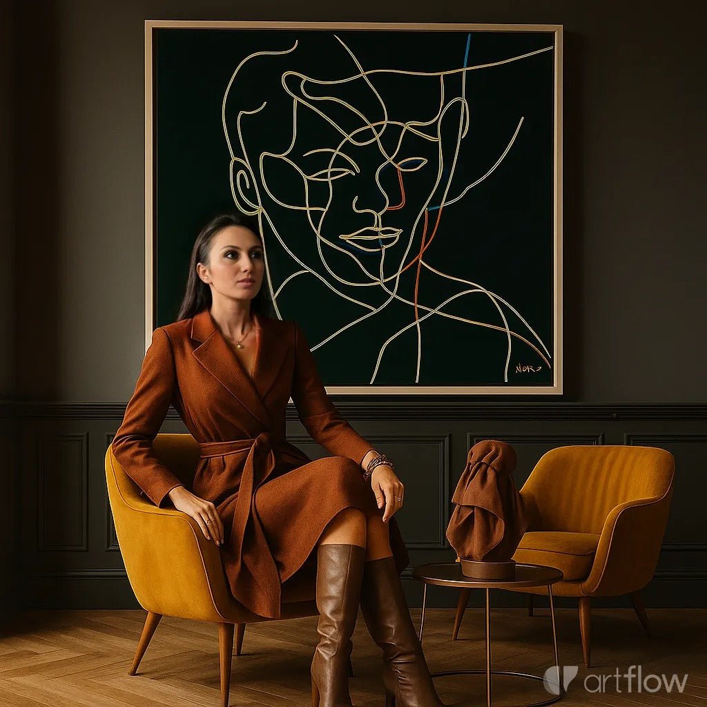 Canvas Print : Linear Harmony – Minimalist Abstract Line Art on Black Canvas modern abstract canvas wall art by Rossetti Art – luxury interior design artwork for living room, bedroom, office – contemporary wall painting modern art on canvas square abstract wall art