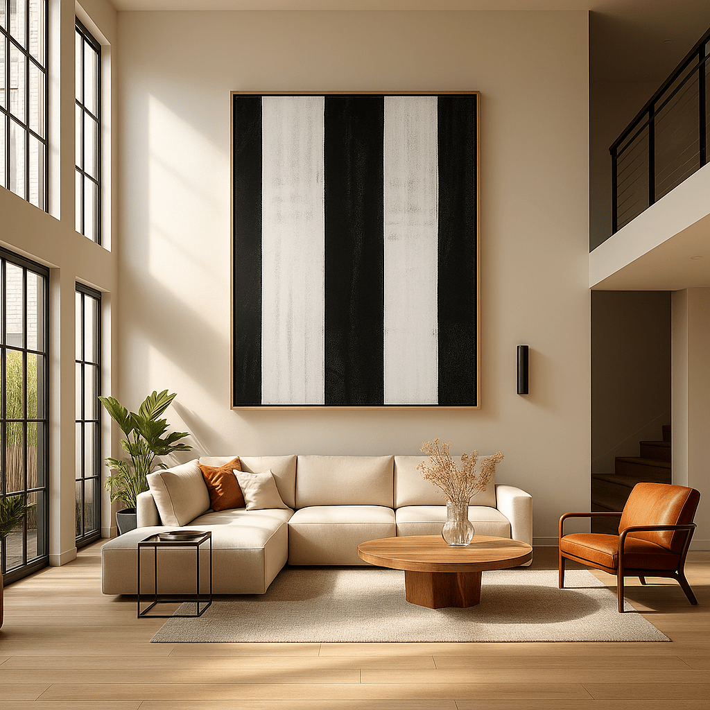 Canvas Print: Linear Pulse – Black & White Stripe Minimalist Abstract Art modern abstract canvas wall art by Rossetti Art – luxury interior design artwork for living room, bedroom, office – Architectural Wall Art Bold Minimalist Design Modern Monochrome Decor