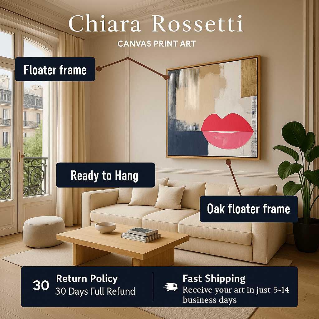 Canvas Print : Lips Abstract Print – Modern Wall Art on Canvas modern abstract canvas wall art by Rossetti Art – luxury interior design artwork for living room, bedroom, office – handmade canvas art Large modern wall decor Lips Art