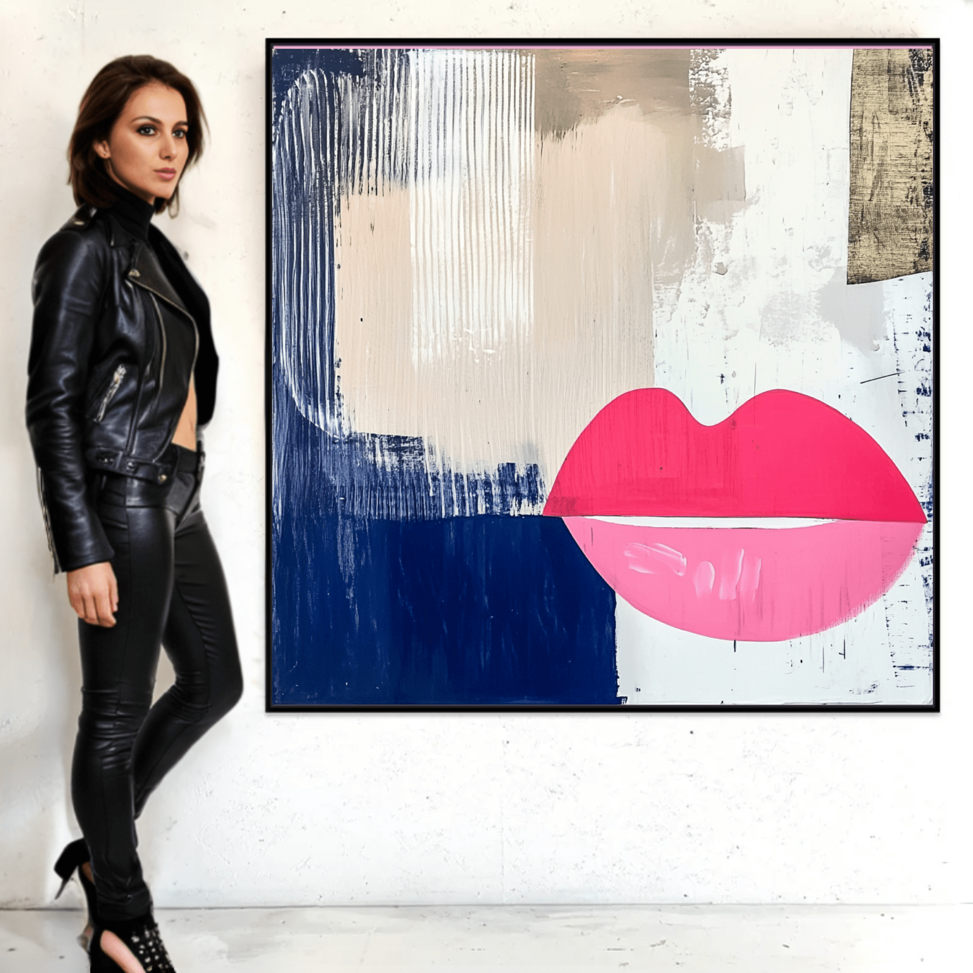 Canvas Print : Lips Abstract Print – Modern Wall Art on Canvas modern abstract canvas wall art by Rossetti Art – luxury interior design artwork for living room, bedroom, office – handmade canvas art Large modern wall decor Lips Art