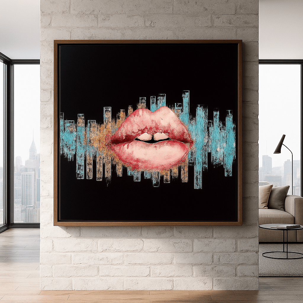 Canvas Print : Lips Don’t Lie | Pop Art Canvas with Red Lips & Soundwaves modern abstract canvas wall art by Rossetti Art – luxury interior design artwork for living room, bedroom, office – Abstract art print canvas wall art Contemporary Art for Sale