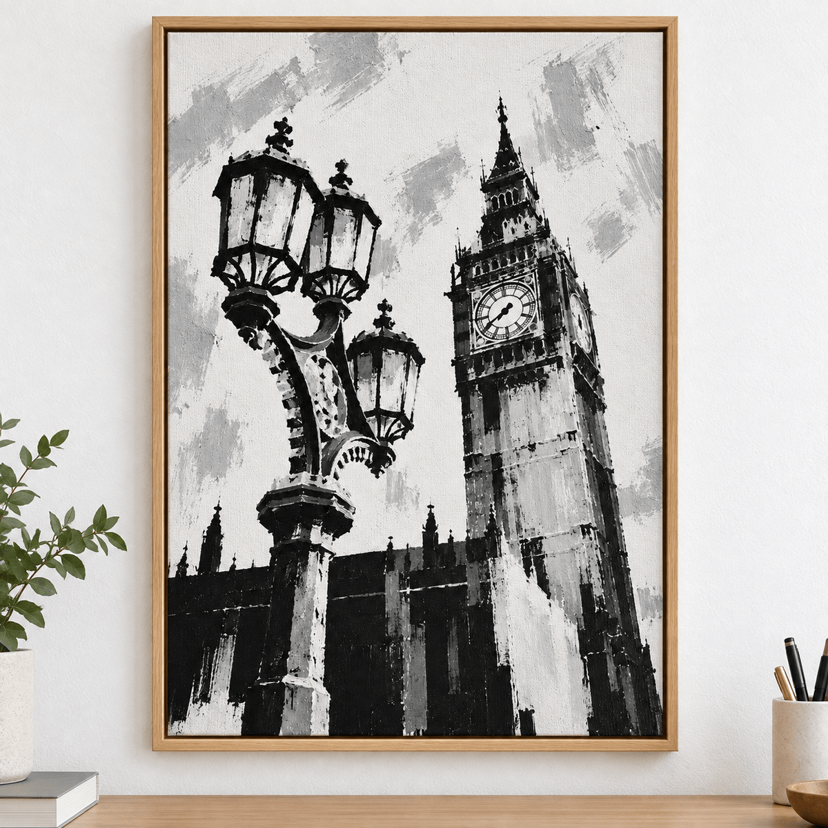 London Wall Art – Westminster Lamplight canvas print on a white wall above a desk by Rossetti Art