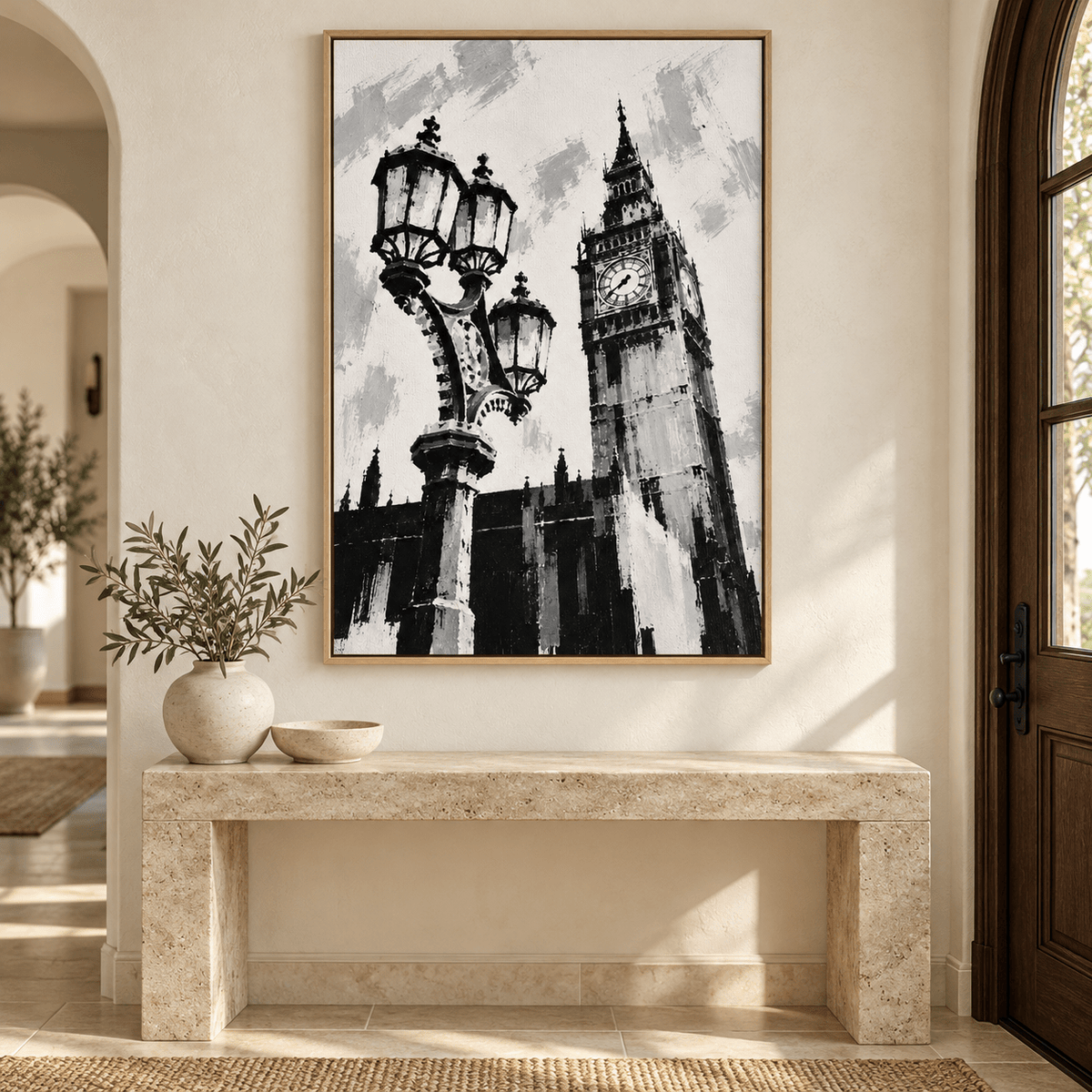London Wall Art – Westminster Lamplight canvas print above a console table in an entryway by Rossetti Art