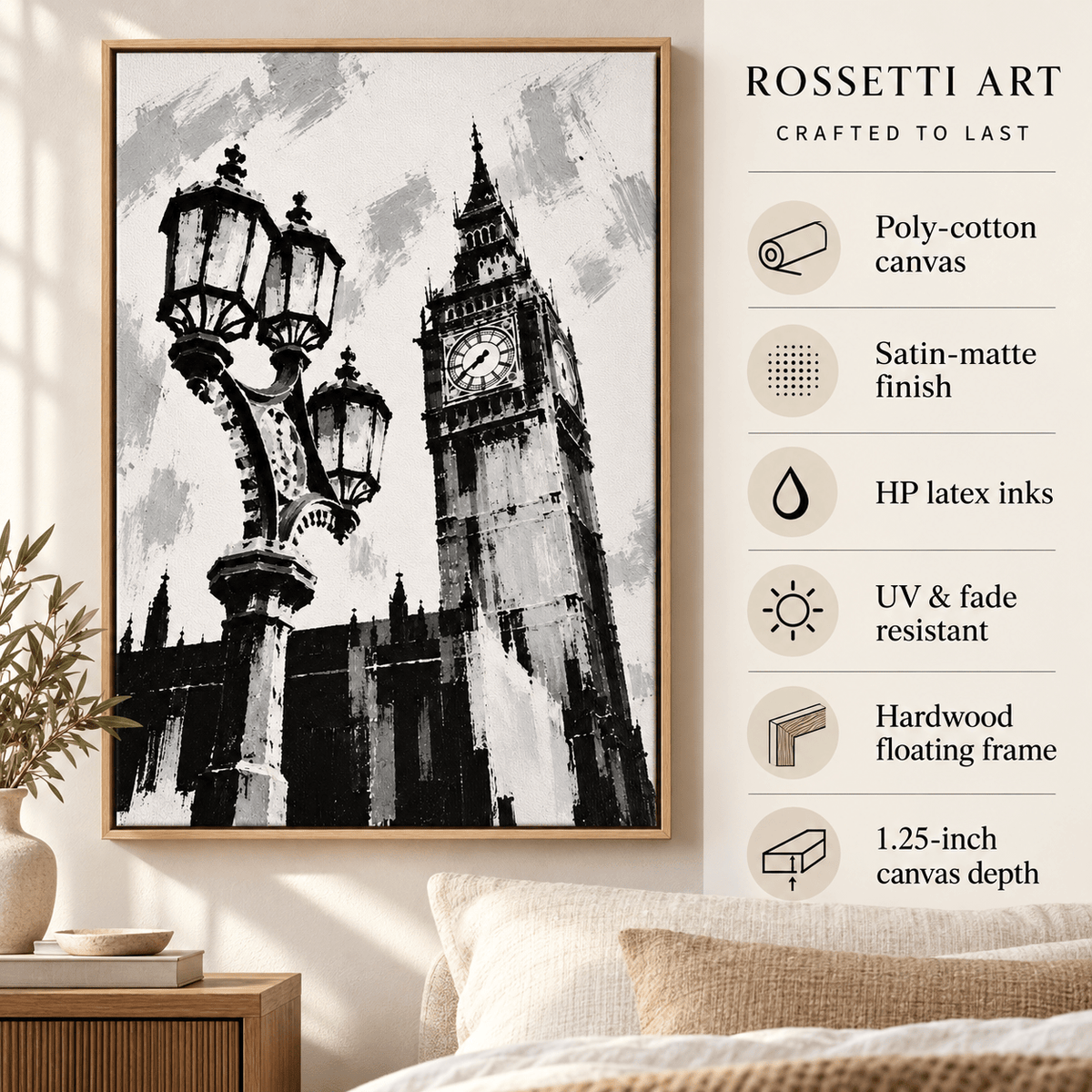 London Wall Art – Westminster Lamplight canvas print above a bed with material details by Rossetti Art